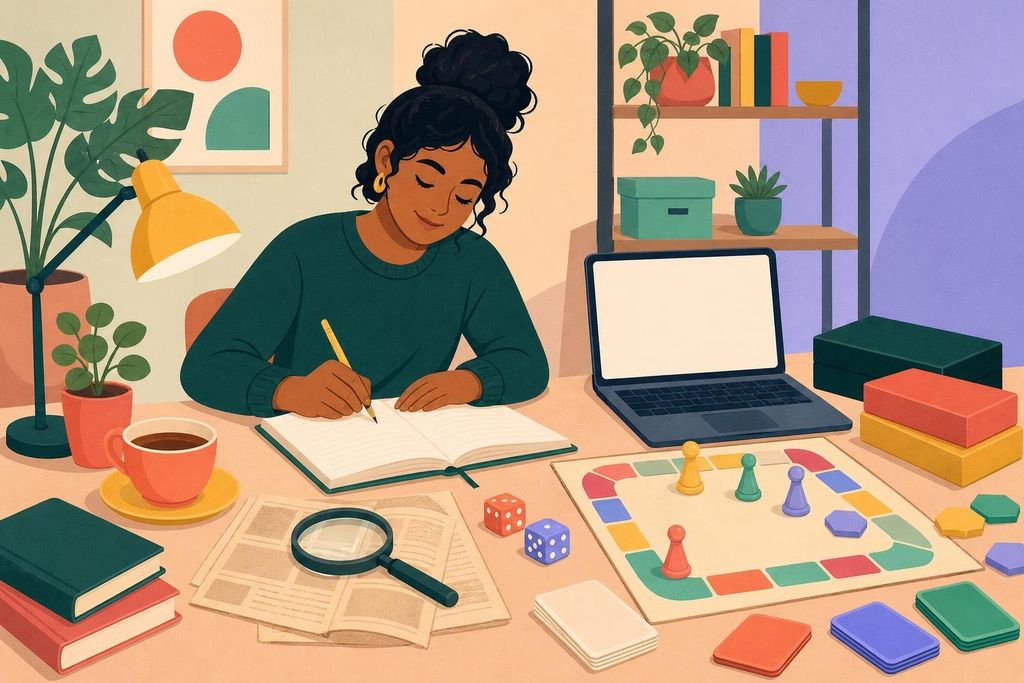 A desk with an open notebook, a magnifying glass over an old newsletter and dice