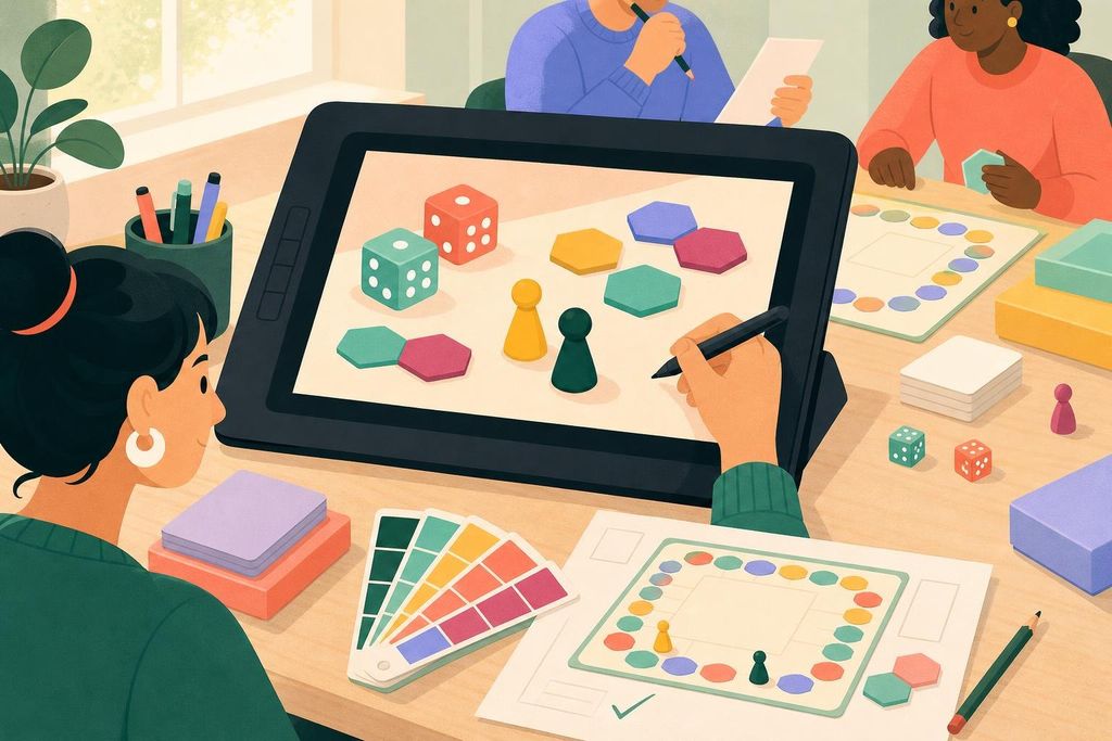 Illustrator's tablet showing a pastel drawing of dice and hexagon tiles beside color swatches