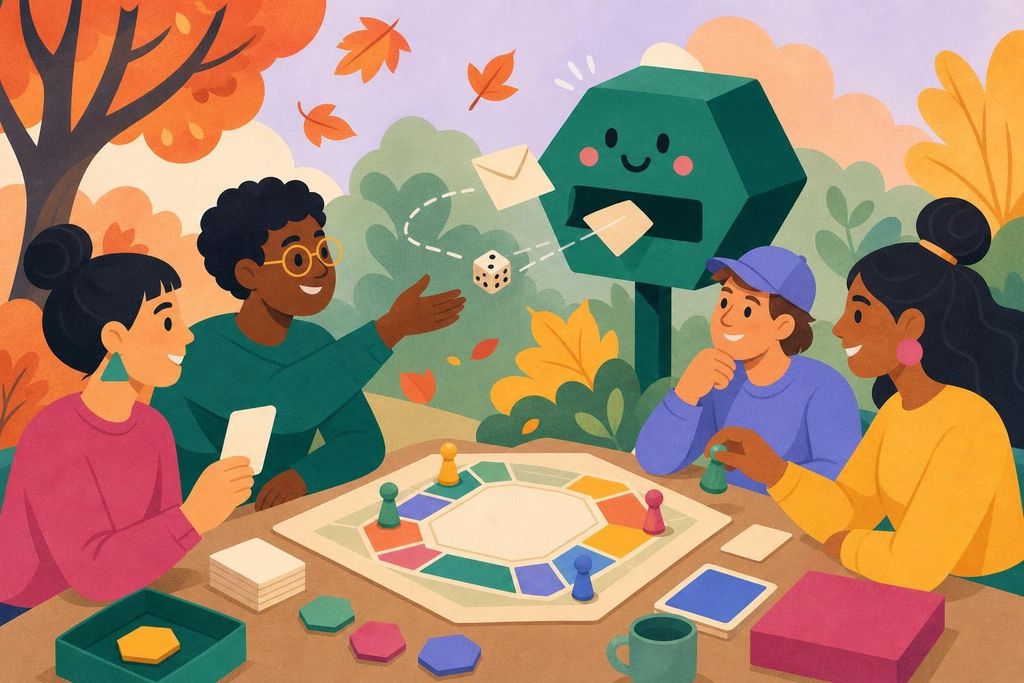 A hexagon-shaped mailbox catching paper letters and a small die among autumn leaves
