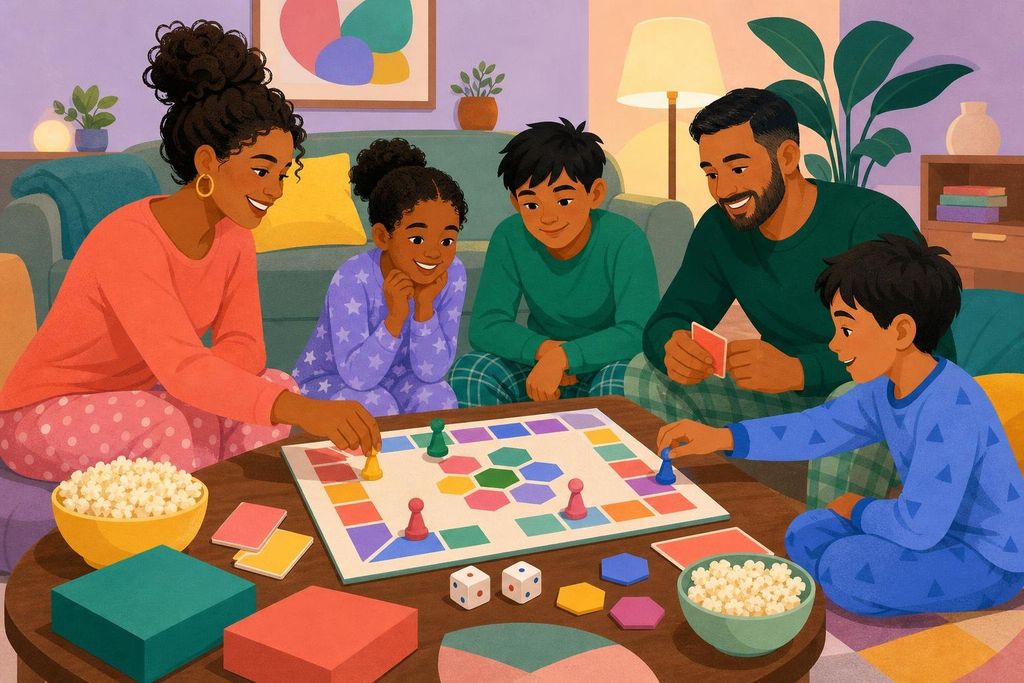 Parents and three children of different ages play a board game around a coffee table
