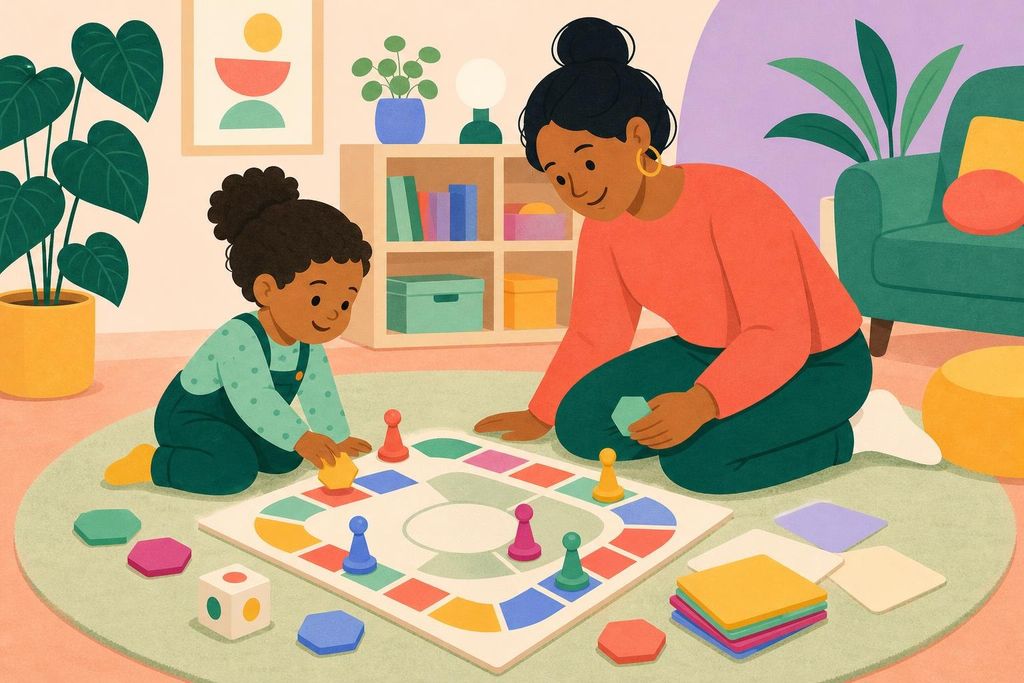 A toddler and a parent play a color matching game with big chunky pieces