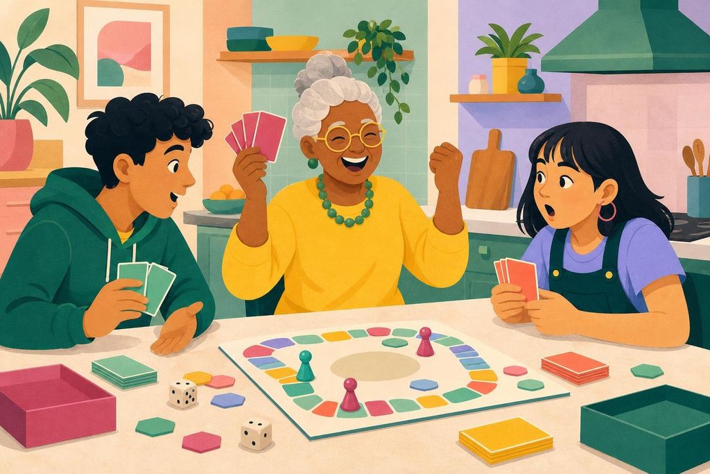 Two teenagers and their grandmother play a fast card game at a kitchen counter