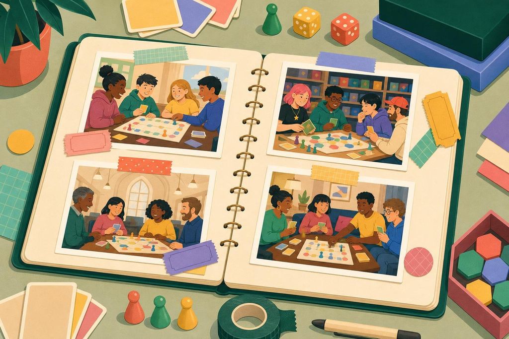 Scrapbook of instant photos showing people playing games at schools, stores and homes