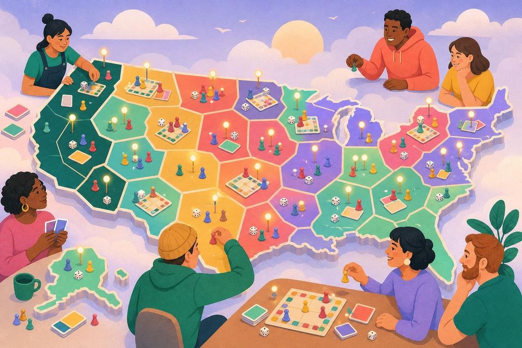 Map of the United States built from hexagon tiles with small game tables in every state