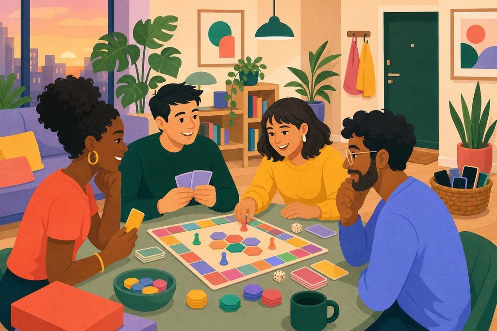 Friends playing a modern board game while their phones sit in a basket by the door