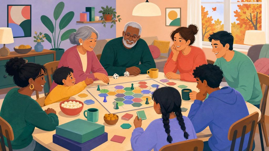 Three generations around a long dining table playing a hexagon board game together