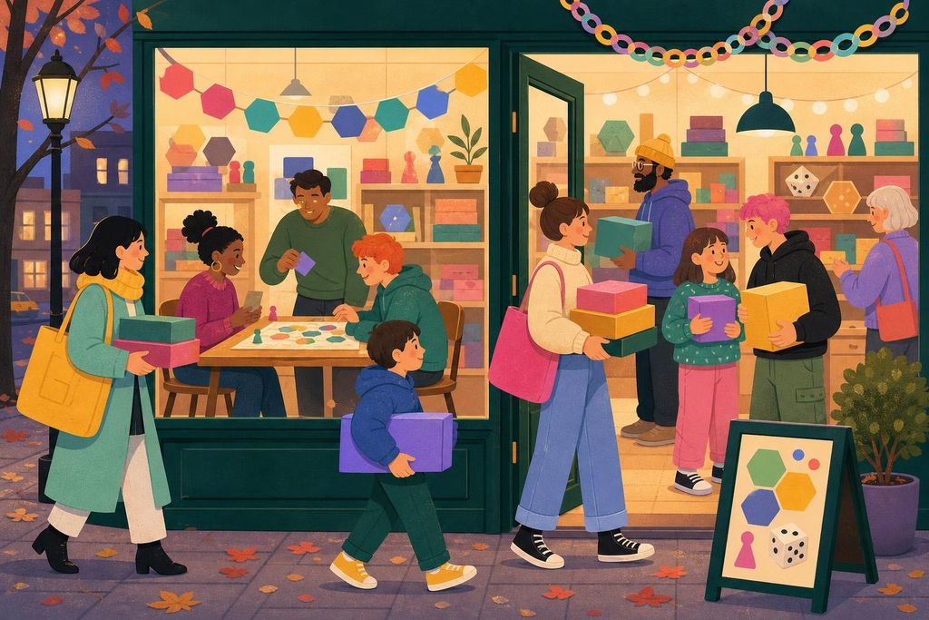 Customers of all ages carrying game boxes into a small hobby shop in autumn