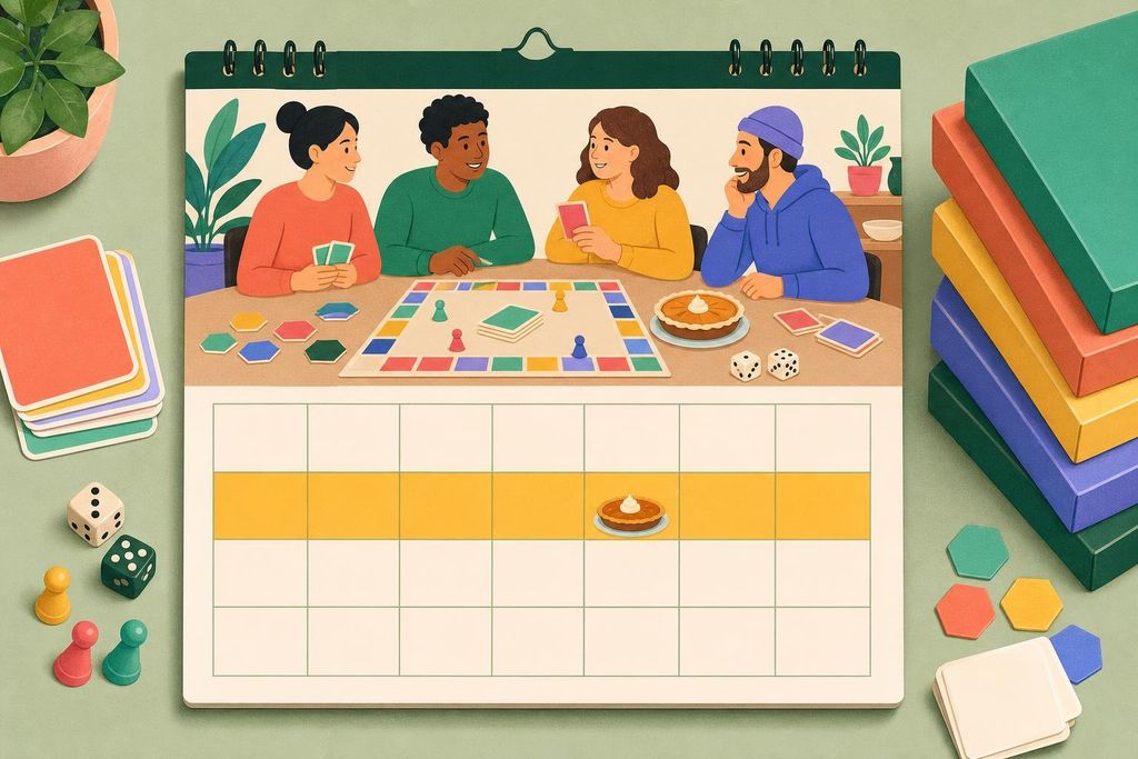 November calendar page with one week highlighted beside a stack of game boxes