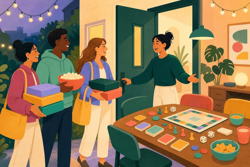 A host opens the front door to friends arriving with snacks and game boxes