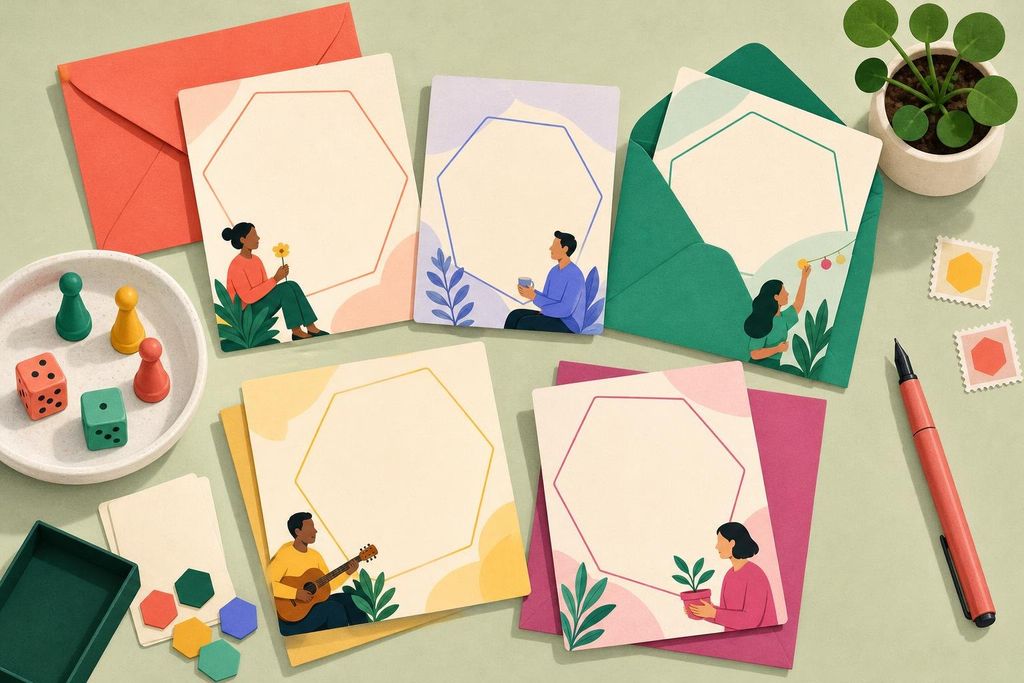 Blank paper invitation cards with hexagon borders, envelopes, stamps and a pen on a table