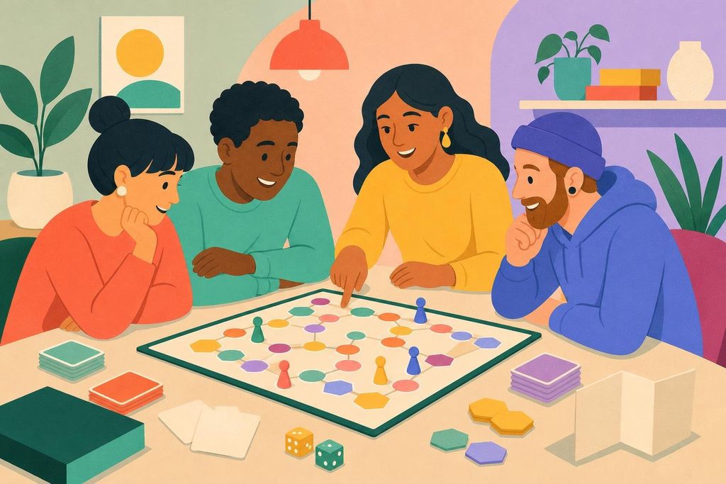 A person explains a board game to three new players leaning in around the board