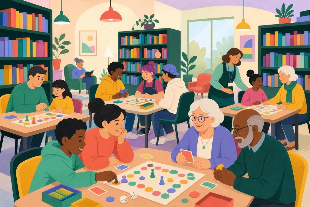 Families, teens and seniors play board games at tables set between library shelves