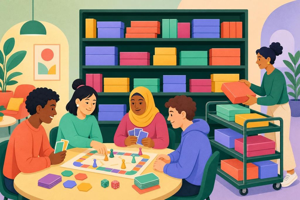 Teens playing a board game at a library table beside a lending shelf of games