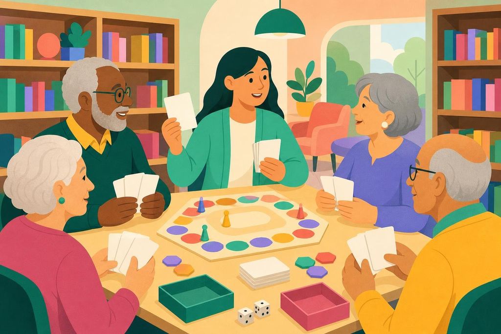 A volunteer teaches a group of seniors a new card game at a library table