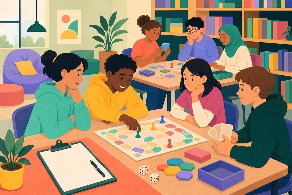 Middle school students teach each other games in a library corner after school