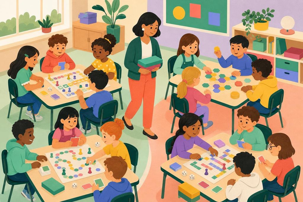 Children in groups of four play different board games at pushed-together classroom desks