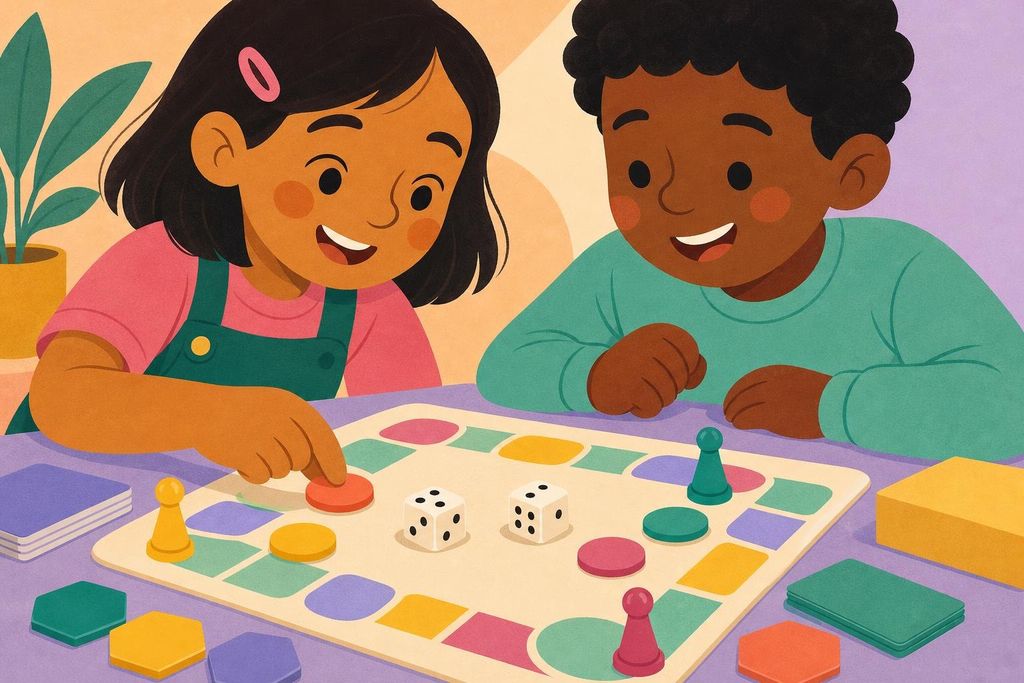 Two children count with dice and colored counters on a simple number board