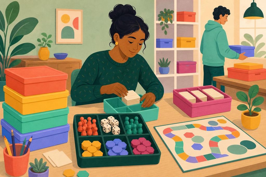 A teacher sorts dice and cards into color-labeled plastic boxes at a desk