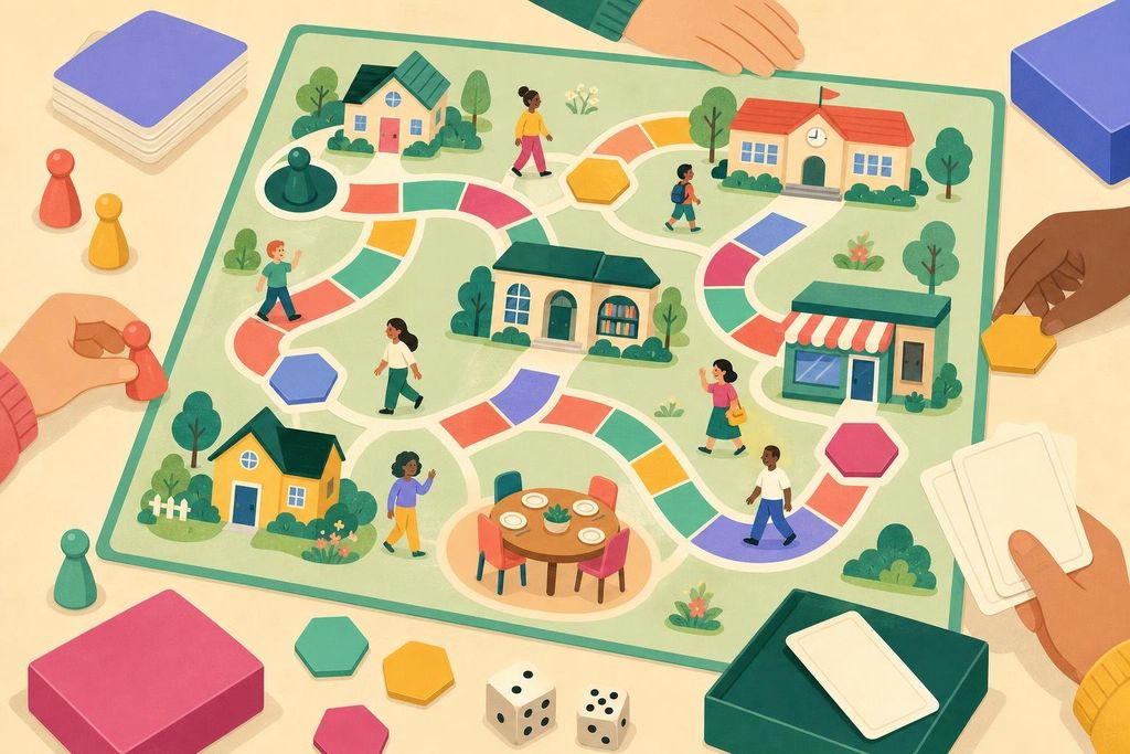 A board game map seen from above with paths linking houses, a school and a library