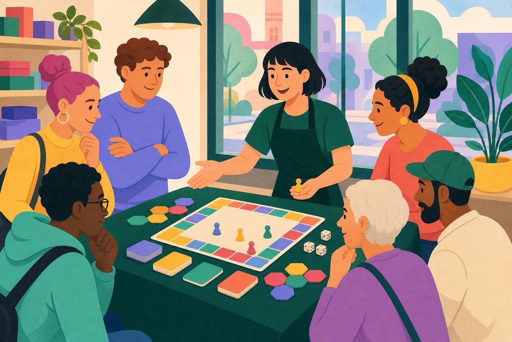 A store employee running a board game demo by the window while a small crowd watches