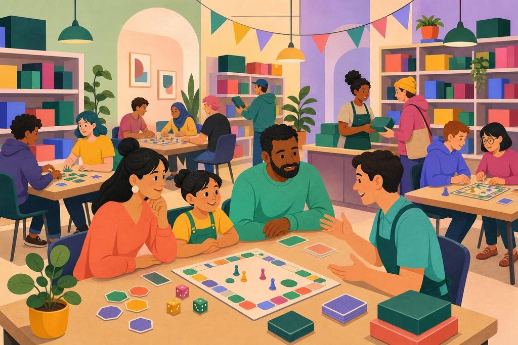 A busy local game store with demo tables, full shelves and a family learning a game