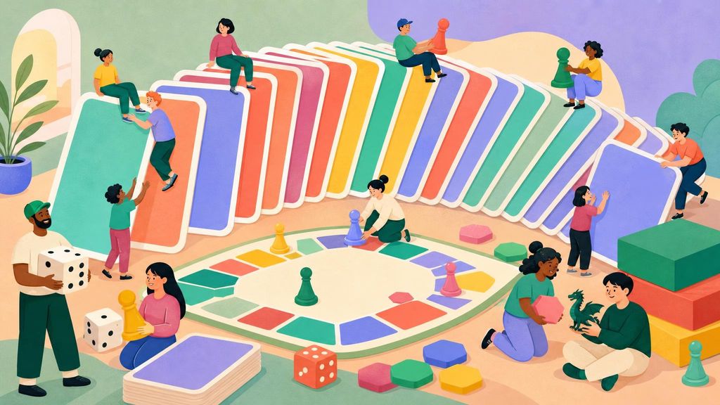 Tiny people with dice, pawns and a dragon figure climbing a long fan of cards