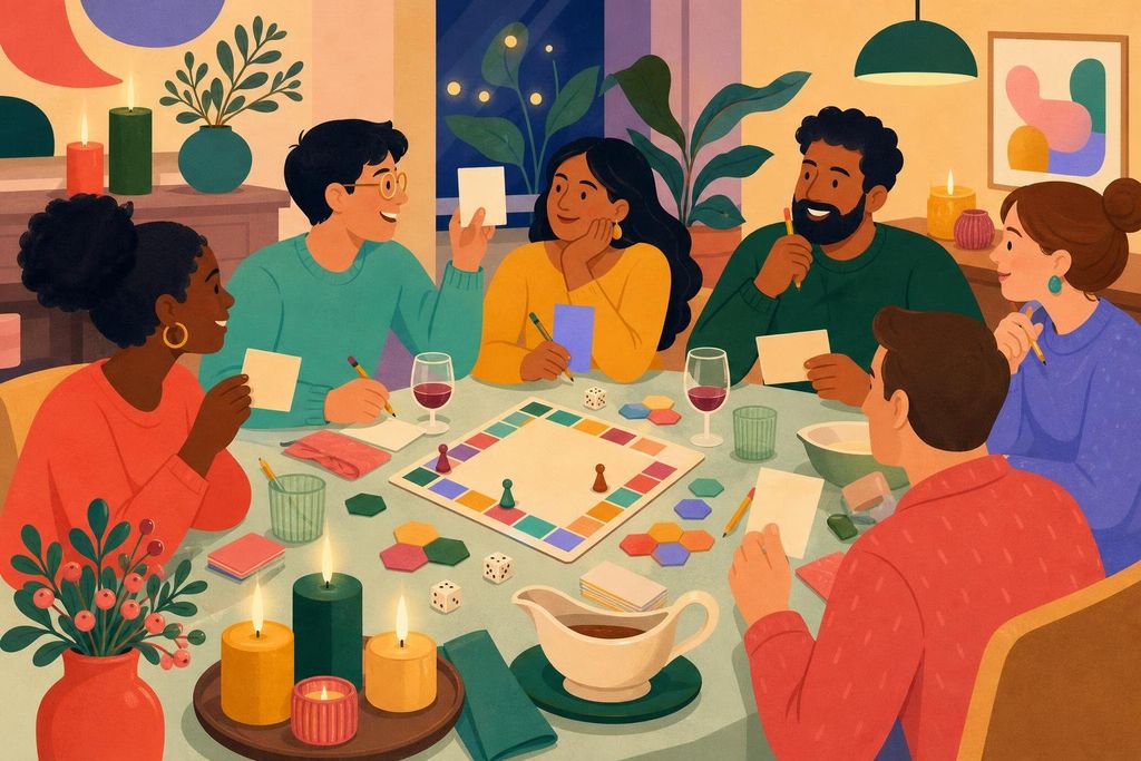 Guests at a holiday table play a quick paper and pencil guessing game