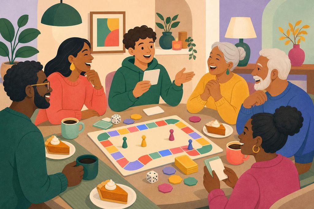 A teenager reads party game cards to laughing relatives over pumpkin pie and coffee