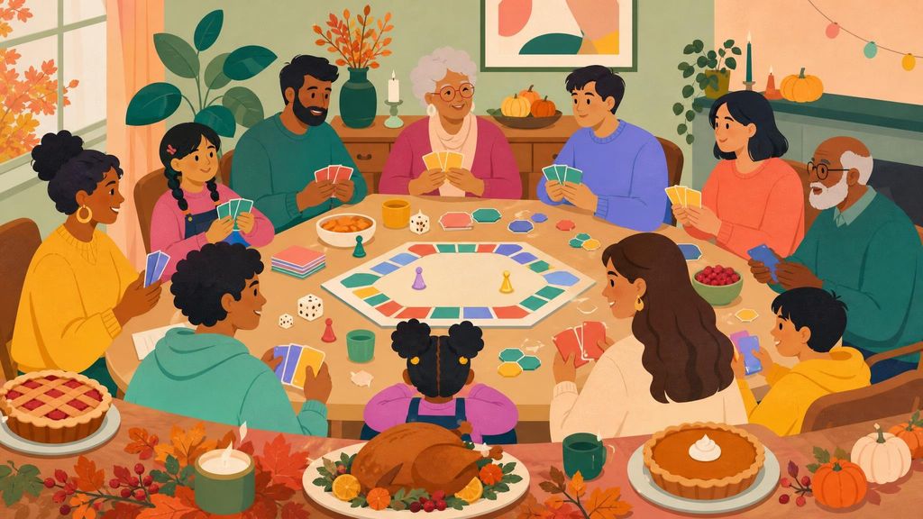 An extended family plays a card game at a Thanksgiving table after the meal