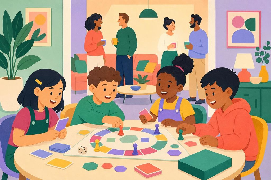 Children play a simple colorful board game at their own table in the next room