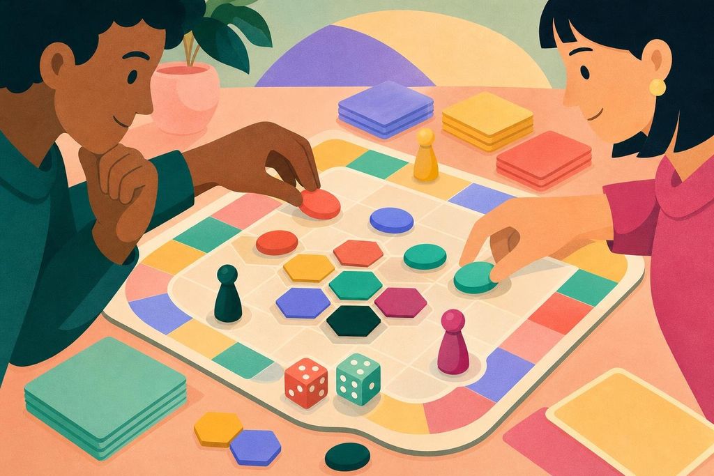 Two hands reach for smooth colored stones on a clean grid board