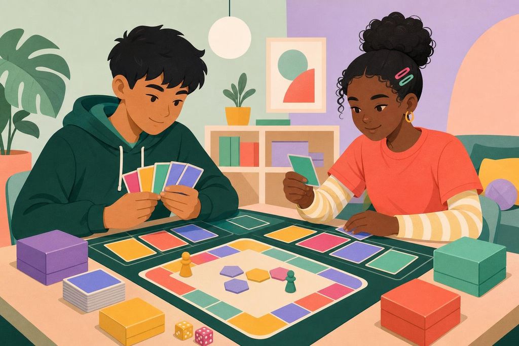 Two teenagers play a collectible card game with sleeved cards on a playmat