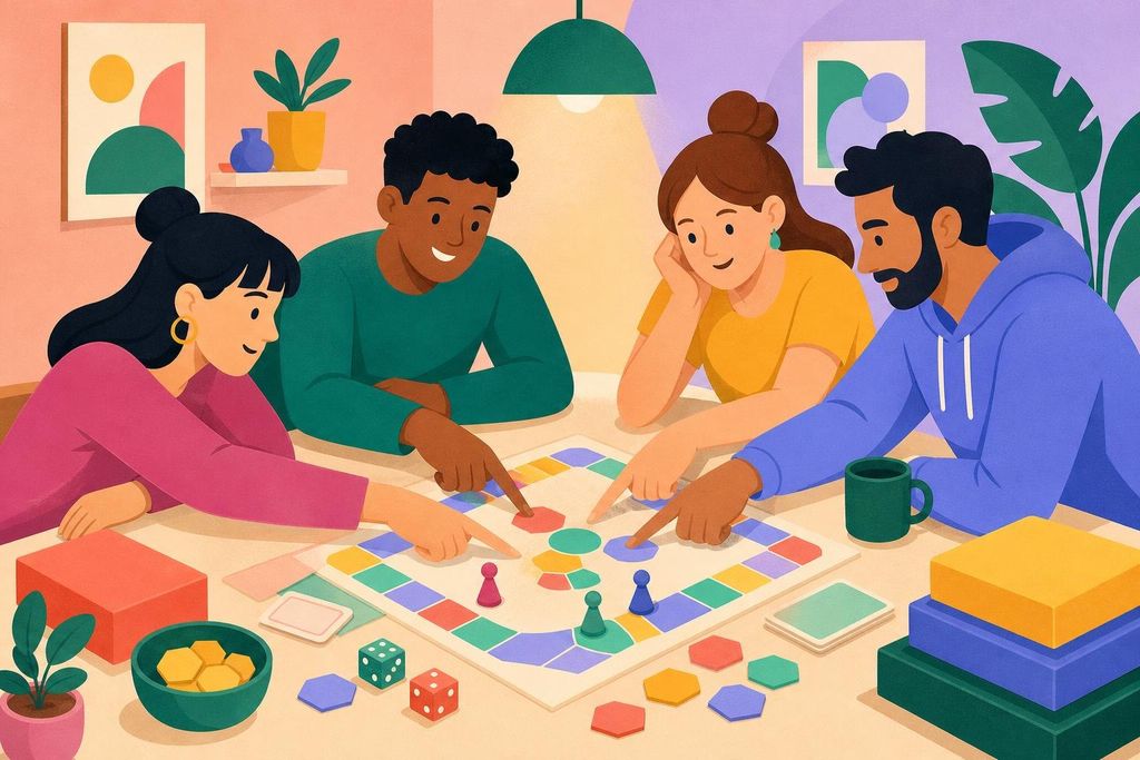 Four players lean over one board together, all pointing at the same spot
