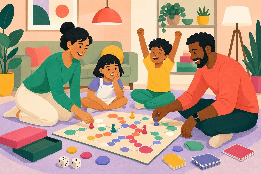 A family of four plays a colorful route-building board game on the living room floor