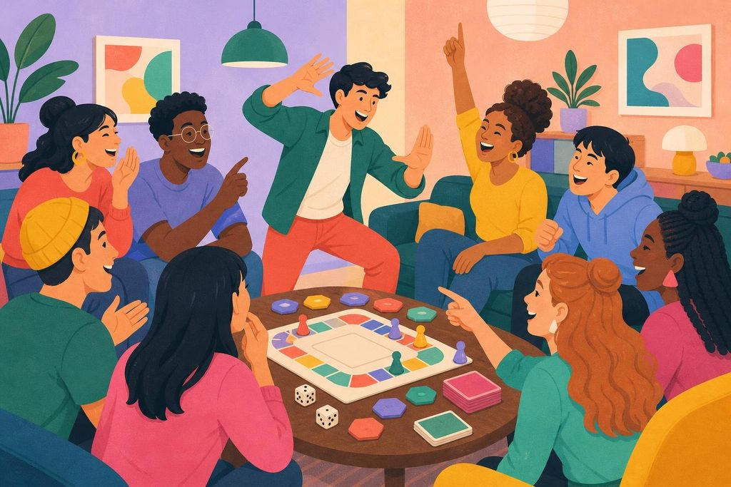 A group of friends laughs as one person acts out a clue and others guess