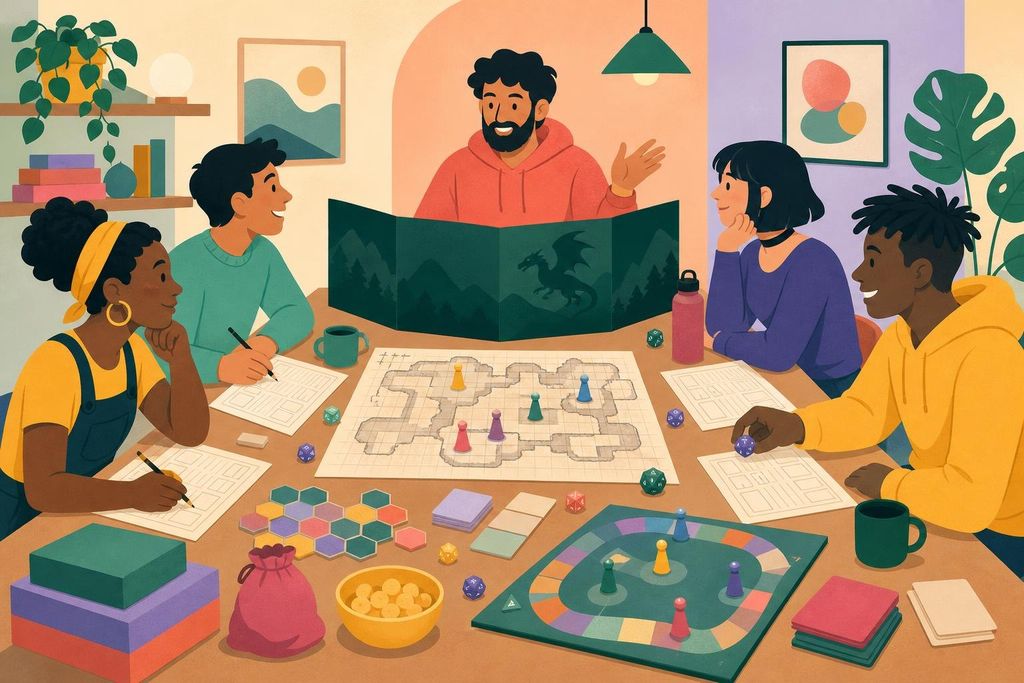 A game master sits behind a folding screen while players hold character sheets and dice