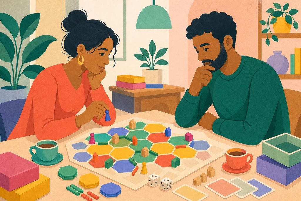 Two adults study a board of hexagon resource tiles with wooden houses and roads