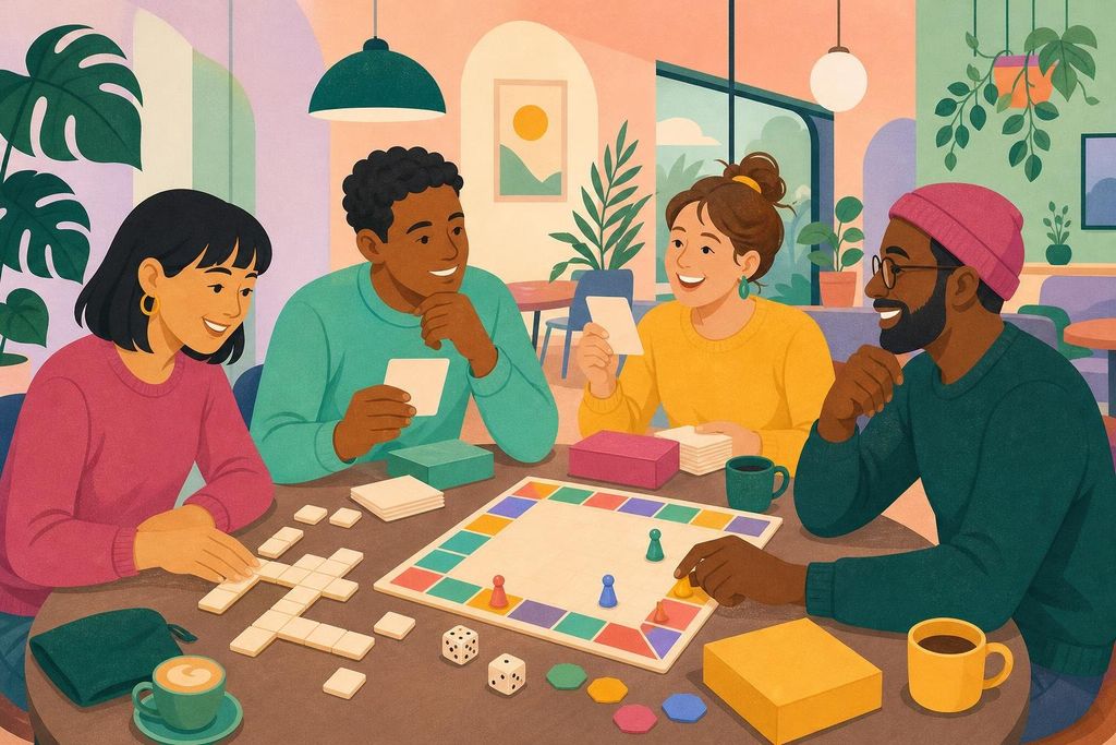 Friends at a cafe table play a letter tile game beside trivia cards