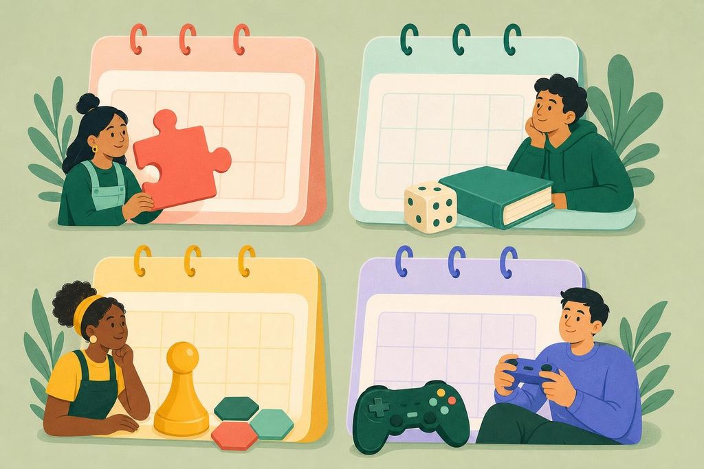 Four pastel calendar cards decorated with a puzzle piece, book, pawn and game controller