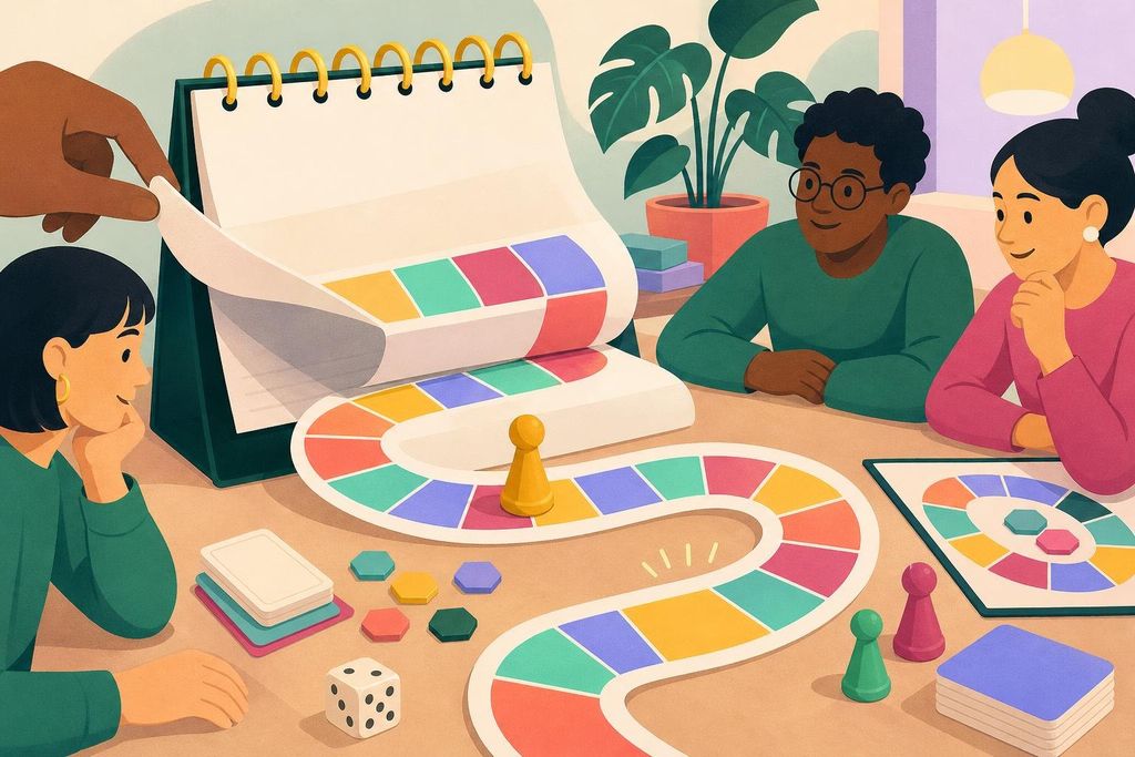 Hand turning a giant desk calendar whose pages become a winding game board path