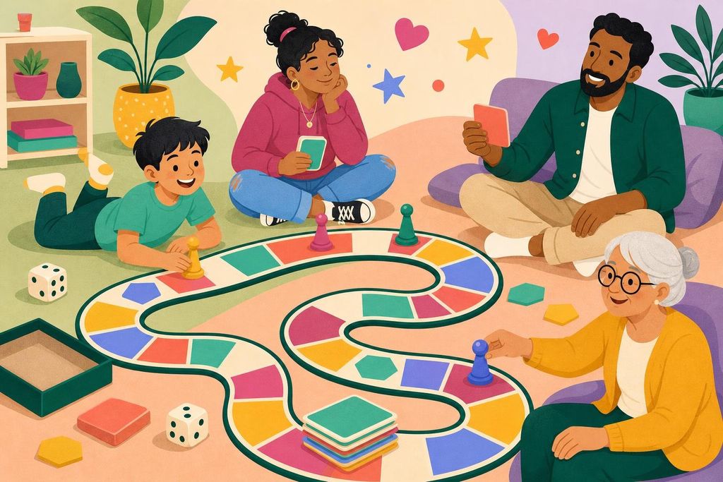 A child, a teenager, an adult and a senior smiling along a winding game board path