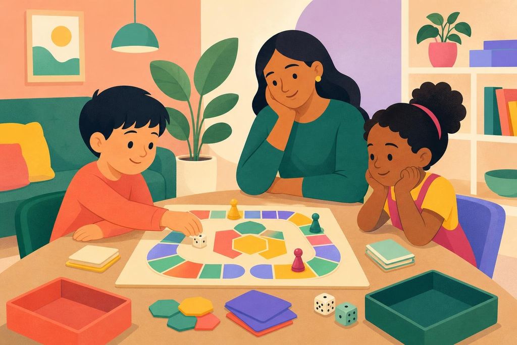 A young child waits for a turn in a simple board game while a parent watches