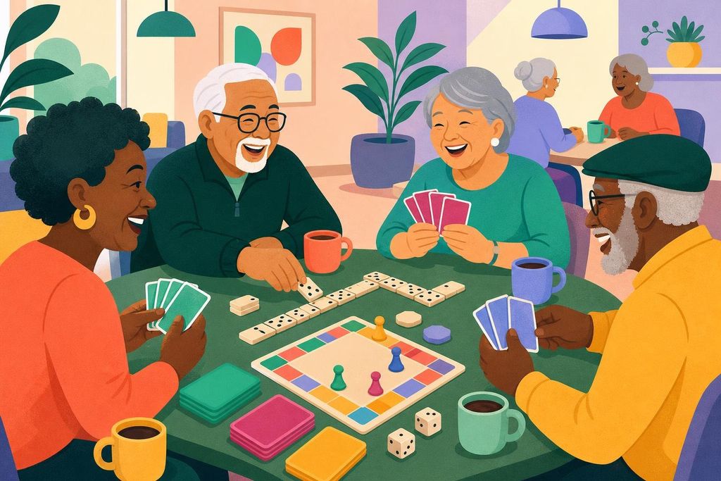 Seniors laughing over dominoes and cards at a community center table with coffee
